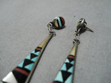 Fabulous Vintage Zuni Native American Turquoise Inlay Sterling Silver Earrings-Nativo Arts