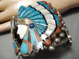 Biggest Best Vintage Native American Navajo Zuni Chief Turquoise Inlay Sterling Silver Bracelet-Nativo Arts