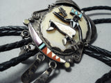 Detailed Vintage Zuni Native American Turquoise Kachina Sterling Silver Bolo Tie-Nativo Arts