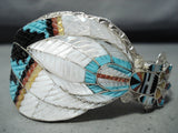 Rare Zuni Native American Turquoise Coral Jet Inlay Sterling Silver Bracelet-Nativo Arts