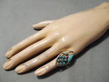 Intricate!! Vintage Zuni Native American Turquoise Flower Sterling Silver Ring-Nativo Arts