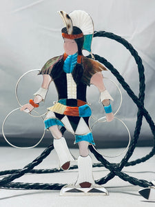 Six Inch Tall Massive Native American Zuni Turquoise Sterling Silver Dancer Bolo Tie Statue-Nativo Arts