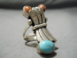 Unique! Museum Vintage Native American Navajo Blue Turquoise Coral Sterling Silver Ring Old-Nativo Arts
