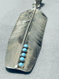 Long Hand Carved Vintage Native American Navajo Turquoise Sterling Silver Feather Pendant-Nativo Arts