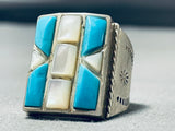 Captivating Vintage Native American Navajo Inlay Turquoise Mother Of Pearl Sterling Silver Ring-Nativo Arts