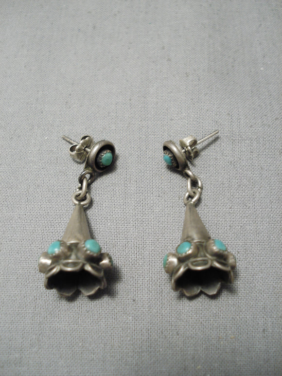 Impressive Vintage Native American Navajo Sterling Silver Flute Turquoise Earrings Old-Nativo Arts