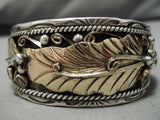 Rare Vintage Native American Navajo Herb Tsosie Gold Leaf Sterling Silver Bracelet Cuff Old-Nativo Arts