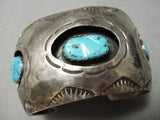 Huge Vintage Native American Navajo Hand Tooled Sterling Silver Turquoise Bracelet Old-Nativo Arts