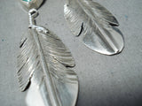 Awesome Navajo Native American Malachite Sterling Silver Feather Earrings-Nativo Arts
