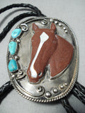 Important Jim Yazzie Vintage Native American Navajo Horse Turquoise Sterling Silver Bolo Tie-Nativo Arts