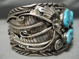 Opulent Vintage Native American Navajo Sterling Silver Leaves Turquoise Bracelet Old Cuff-Nativo Arts