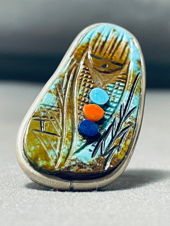 Native American One Of The Most Detailed Ever Hand Carved Turquoise Vintage Sterling Silver Ring-Nativo Arts