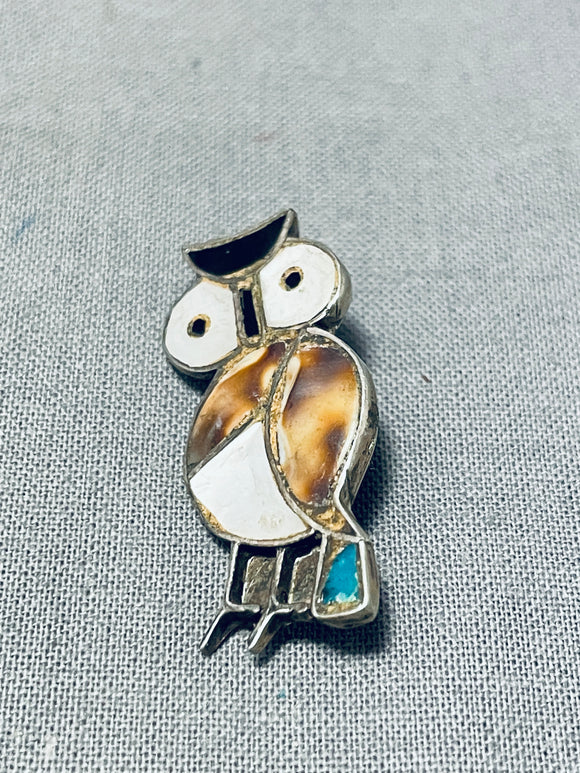 Spectacular Vintage Native American Zuni Turquoise Sterling Silver Owl Pin-Nativo Arts