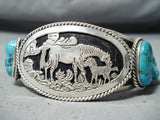 Phenomenal Vintage Native American Navajo Kingman Turquoise Sterling Silver Horses Bracelet-Nativo Arts