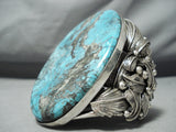 Mega Chunky Native American Navajo Curt John Turquoise Sterling Silver Leaf Bracelet-Nativo Arts