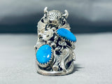 Fascinating Native American Navajo Kingman Turquoise Sterling Silver Buffalo Ring-Nativo Arts