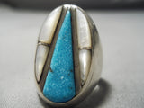Thick And Heavy!! Vintage Native American Navajo Zuni Turquoise Sterling Silver Pearl Ring Old-Nativo Arts