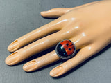 Marvelous Native American Navajo Signed Jet Coral Turquoise Sterling Silver Ladybug Ring-Nativo Arts