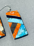 Native American Dazzling Santo Domingo Inlay Turquoise Coral Jet Geometric Earrings-Nativo Arts
