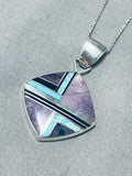 Signed Native American Navajo Turquoise Charoite Jet Sterling Silver Necklace-Nativo Arts