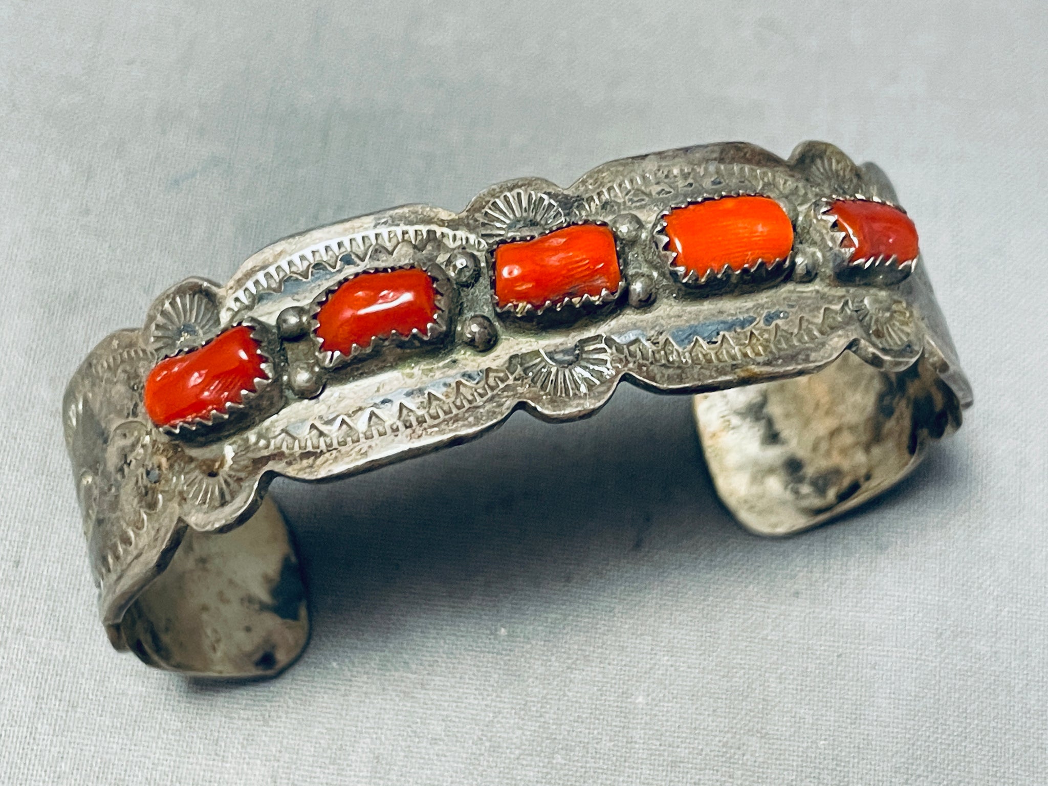 Brilliant Vintage Native American Navajo 5 Coral Sterling Silver Brace ...