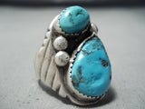 Rich Long Vintage Native American Navajo Kingman Turquoise Sterling Silver Ring Old-Nativo Arts