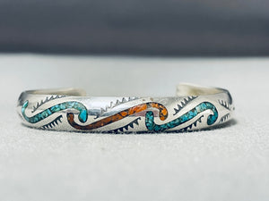 Dazzling Vintage Native American Navajo Turquoise Coral Chip Inlay Sterling Silver Bracelet-Nativo Arts