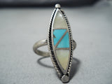 Beautiful Vintage Native American Navajo Turquoise Yellow Shell Sterling Silver Ring-Nativo Arts