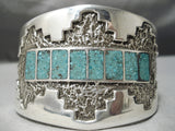 Huge Thick Heavy!! Native American Navajo Turquoise Sterling Silver Inlay Bracelet Cuff-Nativo Arts