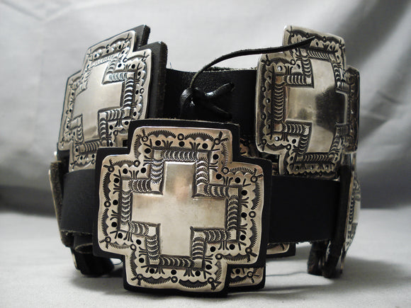 Huge Heavy Vintage Native American Navajo Christian Cross Sterling Silver Concho Belt Old-Nativo Arts