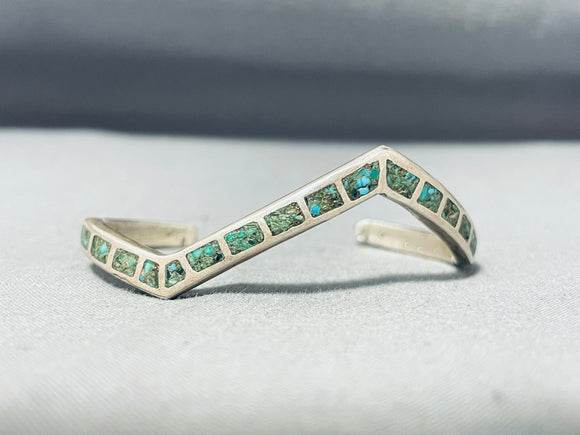 Awesome Vintage Native American Zuni Inlay Turquoise Sterling Silver Angled Bracelet-Nativo Arts