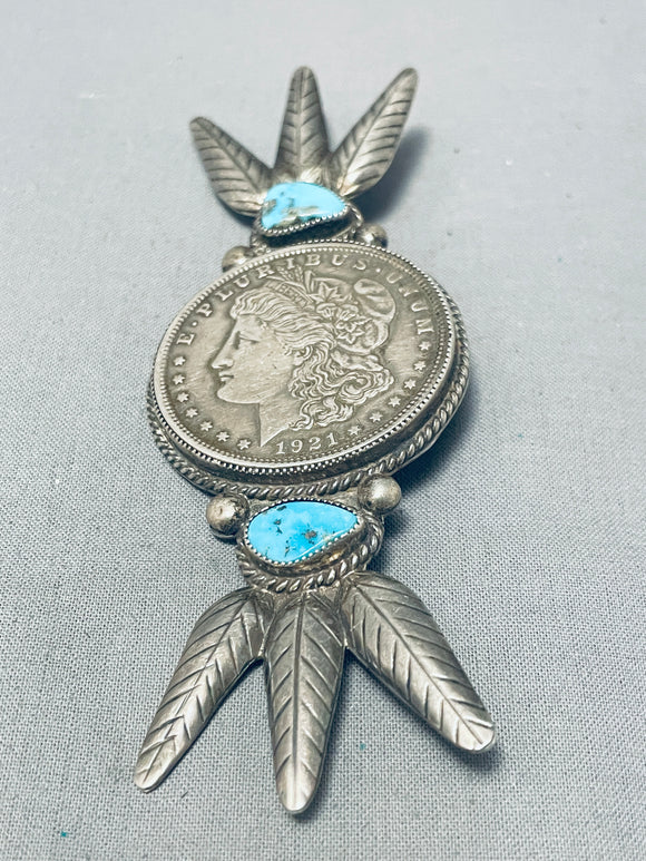 One Of A Kind Vintage Native American Navajo Old Kingman Turquoise Sterling Silver Dollar Pin-Nativo Arts