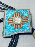 Astonishing Vintage Native American Navajo Turquoise Sterling Silver New Mexico Bolo Signed-Nativo Arts