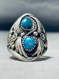 Native American Rare Vintage Highly Detailed Turquoise Sterling Silver Ring Old-Nativo Arts