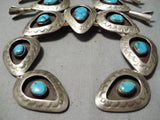 Big Vintage Native American Navajo Carico Lake Turquoise Sterling Silver Squash Blossom Necklace-Nativo Arts
