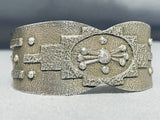 Superb Native American Navajo Signed Sterling Silver Geometric Heavy Bracelet-Nativo Arts