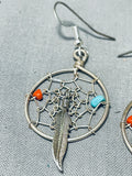 Exceptional Native American Navajo Turquoise & Coral Sterling Silver Dreamcatcher Earrings-Nativo Arts