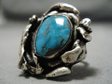 Exquisite Vintage Native American Navajo Blue Gem Turquoise Sterling Silver Ring Old-Nativo Arts