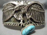 Detailed Flying Eagle Native American Navajo Turquoise Sterling Silver Heavy Bracelet-Nativo Arts