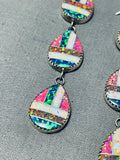 Colorful Native American Navajo Signed Teardrop Synthetic Opal Sterling Silver Pendant Earrings-Nativo Arts