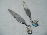 Custom Vintage Native American Navajo Sleeping Beauty Turquoise Sterling Silver Feather Earrings-Nativo Arts
