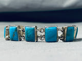 One Of A Kind Native American Navajo Blue Gem Turquoise Squares Sterling Silver Link Bracelet-Nativo Arts