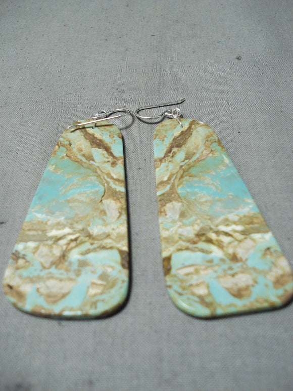 Native American Huge Royston Turquoise Slab Sterling Silver Earrings-Nativo Arts
