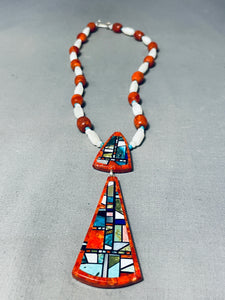 Native American One Of The Most Unique Santo Domingo Coral Sterling Silver Inlay Necklace-Nativo Arts