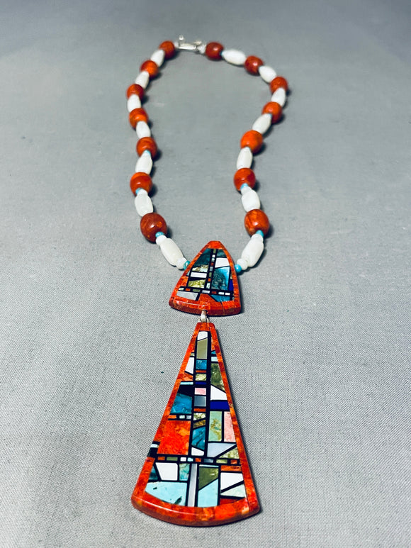 Native American One Of The Most Unique Santo Domingo Coral Sterling Silver Inlay Necklace-Nativo Arts