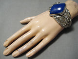 Detailed Heavy Huge Vintage Native American Navajo Lapis Sterling Silver Leaf Bracelet-Nativo Arts