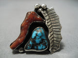 Striking Vintage Native American Navajo Spiderweb Turquoise Sterling Silver Ring Old-Nativo Arts