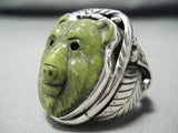 Native American Important Intricate Hand Carved Bear Jade Sterling Silver Ring-Nativo Arts