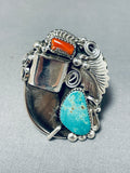 Gigantic Mens Native American Navajo Turquoise Coral Sterling Silver Leaf Ring-Nativo Arts