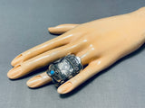 Elaborate Signed Native American Navajo Sleeping Beauty Turquoise Sterling Silver Saddle Ring-Nativo Arts